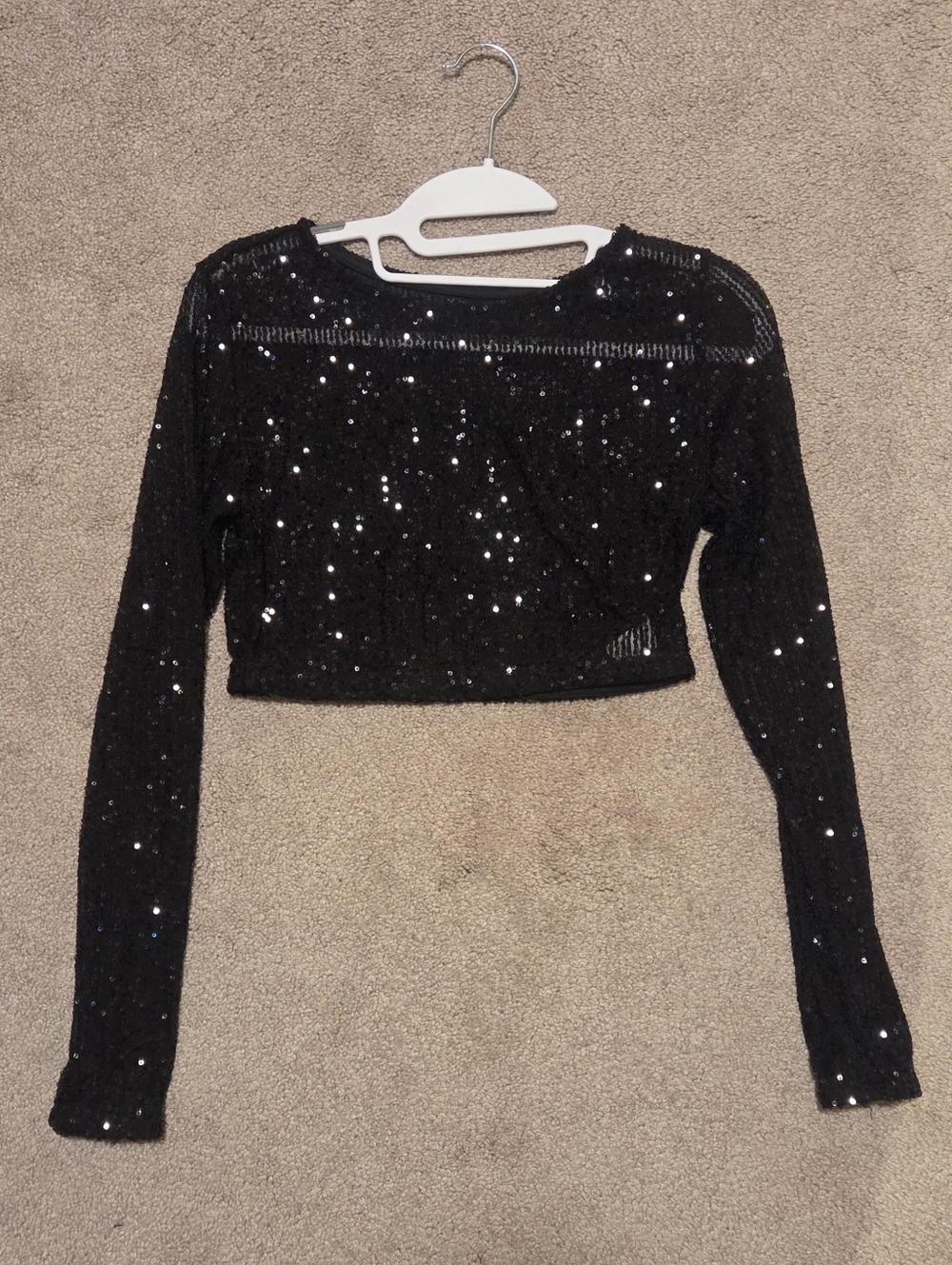 Black Sequin Mesh Long-Sleeve Crop-Top